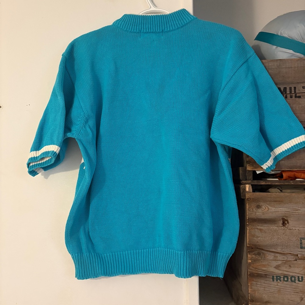 Vintage 80s Bay Club Teal Geometric Mockneck Short Sleeve Sweater Size Large - Picture 3 of 4